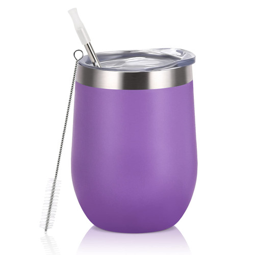 Lifecapido Stainless Steel Wine Tumbler 12oz, Double Wall Vacuum Insulated Wine Tumbler, Stainless Steel Stemless Wine Tumblers with Lid and Straw for Wine Coffee Champaign Juice, Light Purple