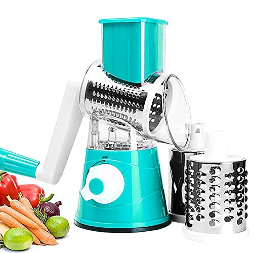 Kitchen Things Rotary Cheese Grater with handle Round Slicer, Handheld Hashbrown Shredder with 3 Drum Blades, Grinder for Potato, Carrot, Vegetables, Nuts, Zucchini (Light Blue)