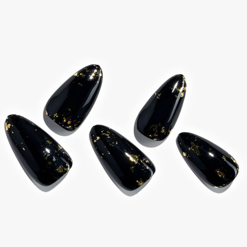 GLAMERMAID Press on Nails - Black Gothic Short Pointed Almond Nails Acrylic Fake Nails with Design UV Glossy Medium Stiletto Glue on Nails Reusable False Nail Kits Static Stick on Nails for Women, 24Pcs Full Cover Nail Sets