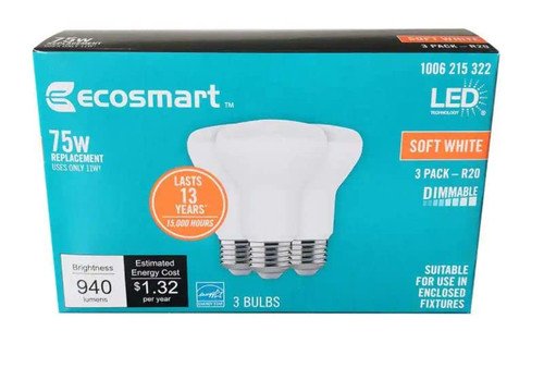 EcoSmart 75-Watt Equivalent R20 Dimmable Energy Star LED Light Bulb Soft White 2700K (3-Pack), R20-1D 11W E26 120V EcoSmart 75-Watt Equivalent R20 Dimmable Energy Star LED Light Bulb Soft White 2700K (3-Pack), R20-1D 11W E26 120V