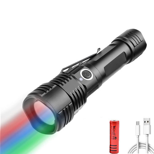 GRABOYY Multicolor Flashlight 4 Color in 1, Rechargeable LED Flashlight, Tactical LED Handheld Flashlight with Green, UV, Red, White Light, Zoomable Waterproof Torch Lamp for Hunting, Hiking, Camping