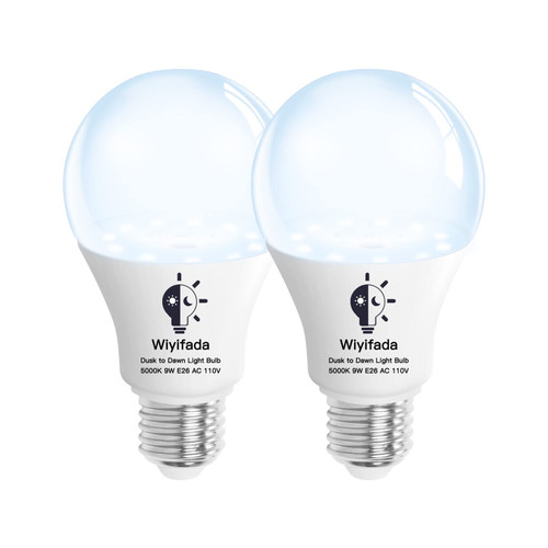 Wiyifada Dusk to Dawn Light Bulbs Outdoor 5000K Daylight, 2 Pack Sensor Automatic On/Off Outdoor Light Bulb,9W (60 Watt Equivalent) A19 E26 Base Sensor Light Bulb for Outdoor, Porch Garage Patio