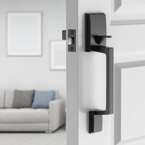 Zciuyo Front Door Handle, Single Cylinder Door Lock Set Lower Half Lever, Modern Matte Black Exterior Front Entry Reversible Handlesets Knobs for Left and Right Handed Interior