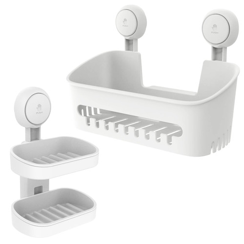 LEVERLOC Shower Caddy & Soap Dish Soap Holder Double Layer for Shower Shelf Suction Shower Basket One Second Installation Removable Organizer Max Hold 22lbs Bathroom Caddy Waterproof Shower Storage