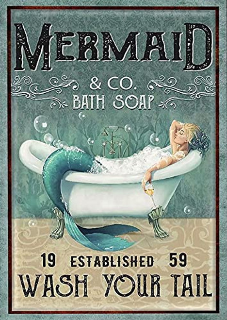 QARIDO Rustic Retro Metal Tin Sign Mermaid & Co.Bath Soap Established Wash Your Tail Poster,Mermaid Bathroom Sign Mermaid Vintage Aluminum Sign for Home Coffee Wall Decor 8X12 Inch
