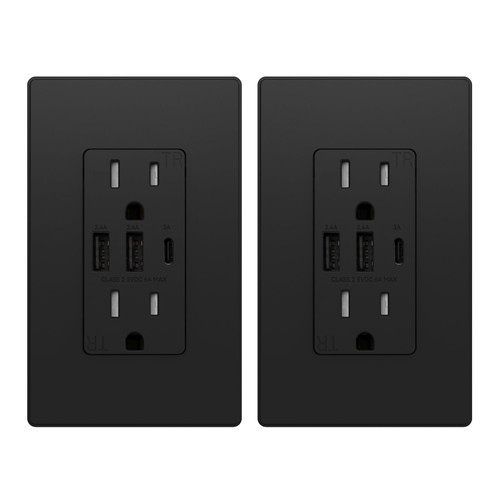 ELEGRP USB Outlets Receptacles, 3-Port USB C Wall Outlet, 30W 6.0A USB Electrical Outlet, 15 Amp Tamper-Resistant Outlet with USB C Ports, UL Listed, Screwless Wall Plate Included, 2 Pack, Matte Black