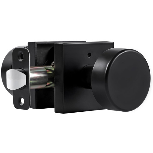 coolnews Matte Black Door Knobs Interior, Heavy Duty Privacy Door Knob with Lock Square Modern Door Handle for Bedroom Bathroom