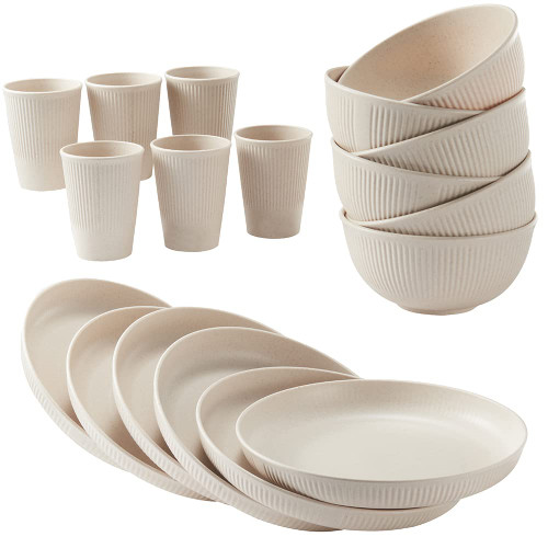 18pcs Wheat Straw Dinnerware Sets HXYPN Unbreakable Reusable Dinnerware Set Kitchen Cups Plates and Bowls Sets Dishwasher Microwave Safe