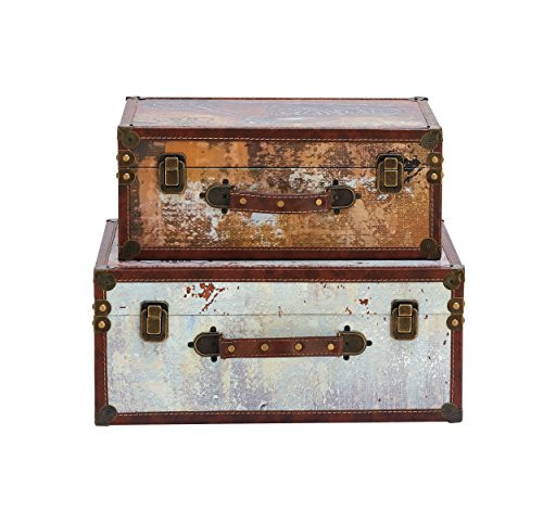 Benzara Antique Colonial Classy Wood Trunk Set of 2, Orange, White, Brown, Gold, Bronze
