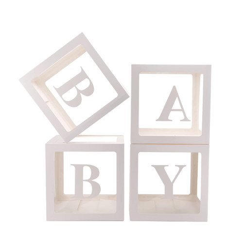 V-LIFE Baby Boxes with Letters for Baby Shower, 4 Transparent Balloon Boxes with Letters for Gender Reveal Birthday Wedding Baby Shower Decorations