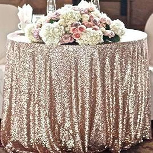 TRLYC 108" Round Champagne Glitz Sequin Table Cloth for Wedding and Event Shimmer Fabric
