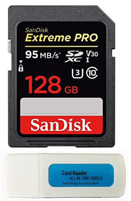 SanDisk 128GB SDXC Extreme Pro Memory Card Works with Canon EOS R, M50, M100 Mirrorless Camera 4K V30 UHS-I (SDSDXXG-128G-GN4IN) with (1) Everything But Stromboli (TM) Combo Reader