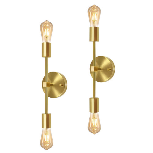 2 Pack Gold Wall Light Wall Sconce Bathroom Brushed Brass Bathroom Wall Sconces Vanity Modern Industrial Wall Lamp Pole Wall Mount Lighting Fixture for Mirror Hallway Kitchen Bedroom Living Room