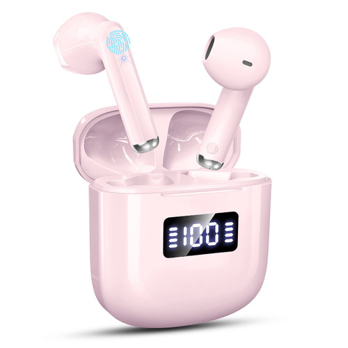 GCBIG Wireless Earbud, Bluetooth 5.3 Headphones with 4 ENC Mics, Wireless Headphones in Ear with 25H Playtime Noise Cancelling, IP7 Waterproof Bluetooth Earphones HiFi for Android iOS, USB C, Pink