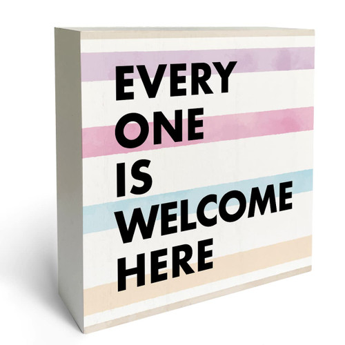 Welcome Sign, Everyone is Welcome Here Wood Box Sign, Desk Decor for Classroom School Office Shelf Table Decoration, 5 x 5 Inches
