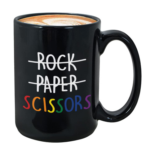LGBTQ Coffee Mug 15oz Black - Rock Paper Scissors - Gay Pride Month Rainbow Diversity Lesbian Gay Transgender Bisexual Queer