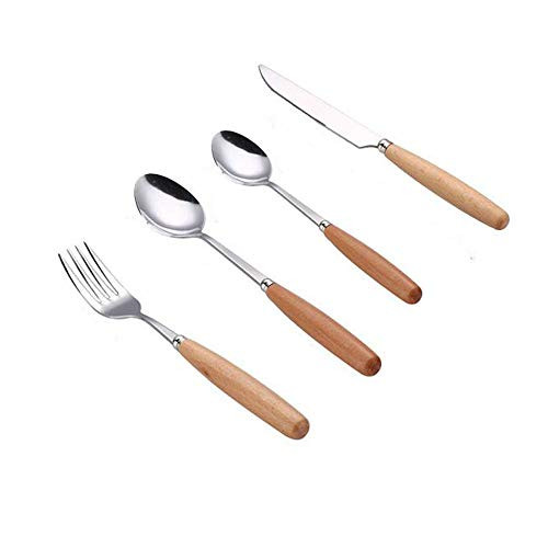 C&L 40 Pieces Wood Stainless Steel Dinnerware Set Flatware Knife Fork Spoon Wooden Handle