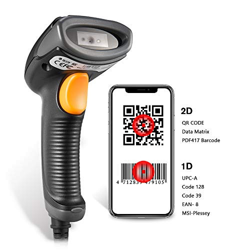 WallyGadgets 1D 2D Barcode Scanner USB Wired Bar Code Scanners Handheld Automatic Image Reader for Computer Screen Windows Mac OS Linux