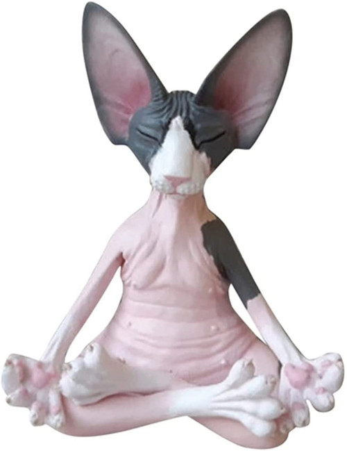 Sphynx Cat Meditate Statue Collectible Figurines Zen Yoga Relaxed Pose Buddha Meditation Sphynx Cat Collections Cat Statue for Home Office Car Desk Decoration (Pink & Gray)