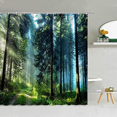 dodouna Natural Scenery Outside The Window Shower Curtain Sunny Forest Landscape Bathroom Bath Decor Waterproof Cloth Hooks Curtains Set 71x71 inch
