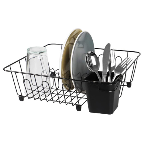 Home Basics Vinyl Coated Wire Dish Rack with Utensil Holder | Neutral Colors | Match Any Kitchen Decor | Slots for Plates | Loops for Mugs & Glass (Small Black)