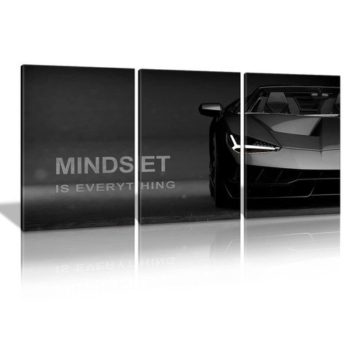 KAWAHONE Motivational Canvas Wall Art Lamborghini Posters Prints Entrepreneur -Mindset is Everything-Office Decor Set 3 Pieces Motivational Wall Art Canvas Print Inspirational Quote Easy to Hang