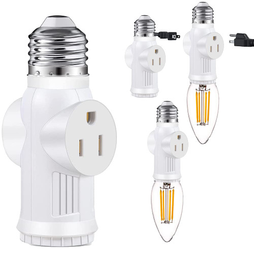 (4pack) 3 Prong Light Socket Adapter, E26 Light Bulb Outlet Adapter, 3 Prong LED Socket to Plug Adapter, White Light Bulb to 2/3 Prong Outlet Plug Splitter Converter for Garage Porch CCTV Camera