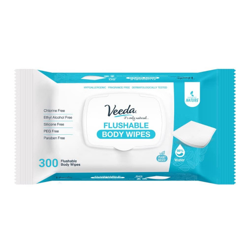 Veeda Natural Body Wipes, PH Balanced, Hypoallergenic Flushable Body Wipes Safe for Sensitive Skin, 300 Count, Blue