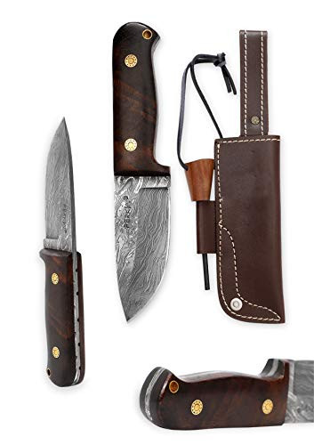 Handmade Hunting Knife with Fire Starter and Sheath Damascus Steel Blade