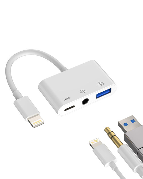 3.5mm Headphone to Lightning Jack USB Charger AUX 3in1 Cable Dongle Iphone Audio OTG Adapter for Apple 14 13 12 11 Pro Max Xr X 8 7 Plus Ipad Camera Mouse Keyboard Memory Stick Flash Drive Card Reader