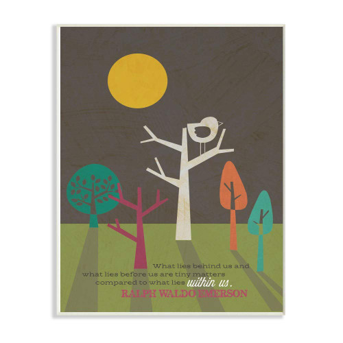 Stupell Industries Emerson What Lies Within Us Quote Typography Mod Bird and Trees Wall Plaque, 13 x 19, Multi-Color