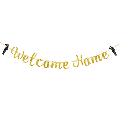 Ambishi Welcome Home Banner - Military Homecoming Welcome Back Home Decorations - Army Deployment Returning Party Decor Banner - Gold Glitter