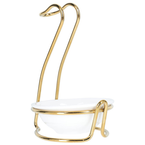 Cabilock Stainless Steel Utensil Holder White Ceramic Single Ladle Spoon Rest Holder with Swan Shape Stainless Steel Rack Cooking Utensils Stand Gold Standing Spoon Rest