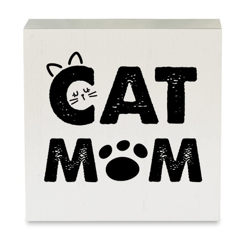 Country Cat Mom Wood Box Sign Rustic Cat Mother Wooden Box Sign Decorative Sign Block Plaque for Home Desk Table Shelf Decor 5"x 5"