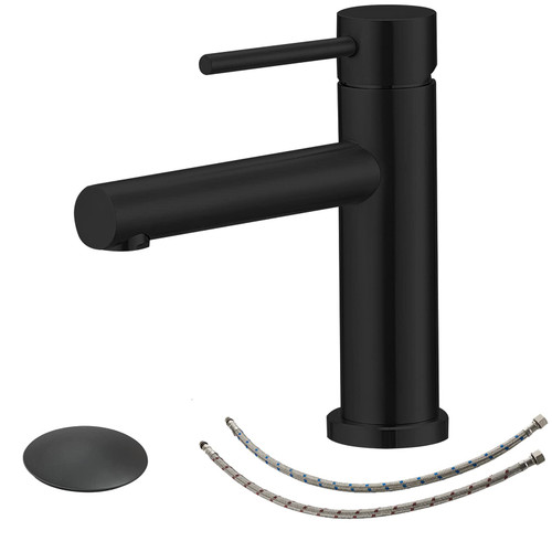 BWE Black Bathroom Faucet Single Handle with Pop Up Drain Assembly and Supply Lines Stainless Steel Single Hole Bathroom Sink Faucet Commercial Matte Basin Lavatory Vanity Sink Faucet Mixer Tap