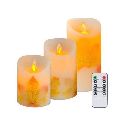 Flameless Flickering Candles Battery Operated with Remote Timer, 3D Wick Real Wax Warm Light LED Faux Pillar Candles LED Tea Light Thanksgiving Christmas Decoration (Set of 3, Maple Leaf)