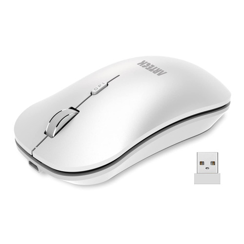 Arteck 2.4G Wireless Mouse with Nano USB Receiver Ergonomic Design Silent Clicking for Computer/Desktop/PC/Laptop and Windows 10/8/7 Build in Rechargeable Battery - White