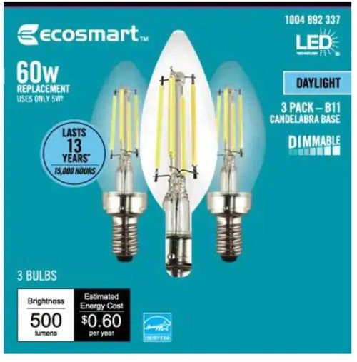 EcoSmart Bulbs 60-Watt Equivalent B11 Dimmable Energy Star Clear Glass Candelabra Vintage Edison LED Light Bulb in Daylight (3-Pack)