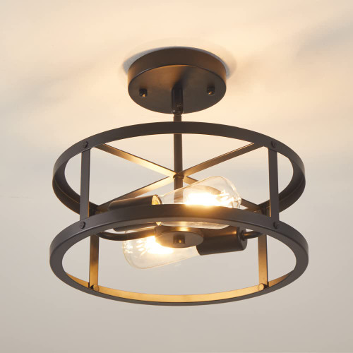 Farmhouse Semi Flush Mount Ceiling Light Fixture, 2-Light E26 Base Matte Black Industrial Lamp Rustic Vintage Ceiling Mount Chandelier Lighting for Kitchen Dining Hallway Entryway Bedroom Living Room