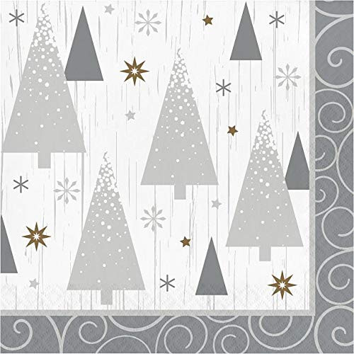 Creative Converting Opulent Reindeer r Napkins, 6.5" x 6.5", White and Metallic Silver and Gold