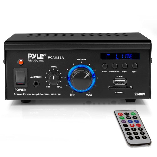 Pyle Home Audio Power Amplifier System - 2x40W Dual Channel Mini Theater Power Stereo Sound Receiver Box w/USB, RCA, AUX, LED, Remote, 12V Adapter - for Speaker, iPhone, Studio Use - Pyle PCAU25A.5