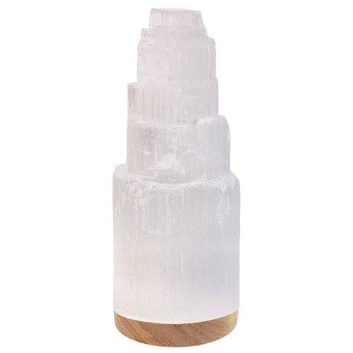 NORTHLANDZ Selenite Crystal Lamp 20cm, Moroccan (ETL Certified) Tower Lamp with Wooden Base & USB Charging Cable, Anxiety Relief Healing Crystals for Home Decor