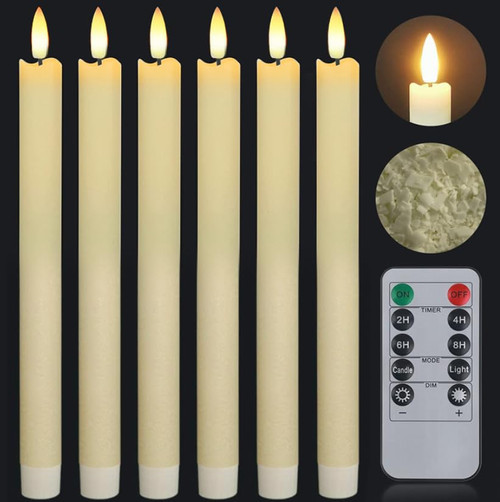 Ivory Flameless Taper Candles Real Wax with 3D Black Wick Flickering, Battery Operated Candles with 10-Key Remote, Timer & Dimmer, Flameless Window Candles for Christmas Halloween Home Wedding Decor