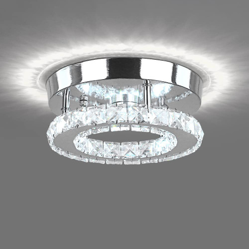 HOPGGIE Modern Crystal Chandelier LED Flush Mount Pendant Lighting Mini Ceiling Light Fixture for Bathroom Bedroom Hallway Staircase Bar Kitchen (Cold White)