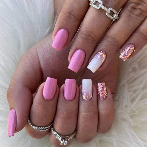 Pikabows Press On Nails Long Coffin Pink White Sequin Gradient Glitter Fake Nails Acrylic False Nail Tips Kit Glue on Nails for Women 24PCS