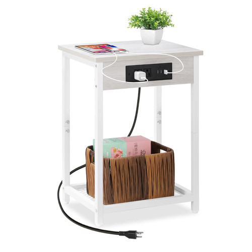 melos Nightstands with Charging Station, 2 Tier Bedside Table with USB Ports and Outlets, Narrow End Table with Storage Shelf, Side Tables for Bedroom, Living Room, Light Maple White