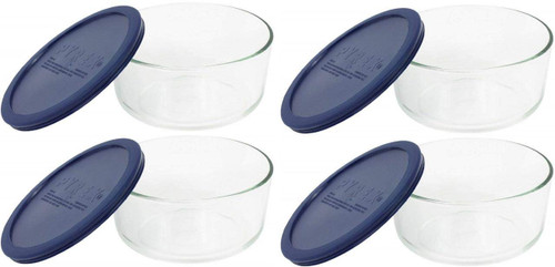 Pyrex Storage 4-Cup Round Dish with Dark Blue Plastic Cover, Clear (Pack of 4 Containers)