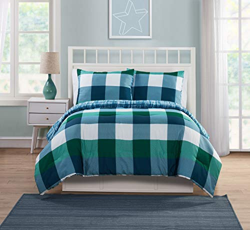 VCNY Home Quest Plaid Reversible 3 Piece Bedding Comforter Set, Full, Blue