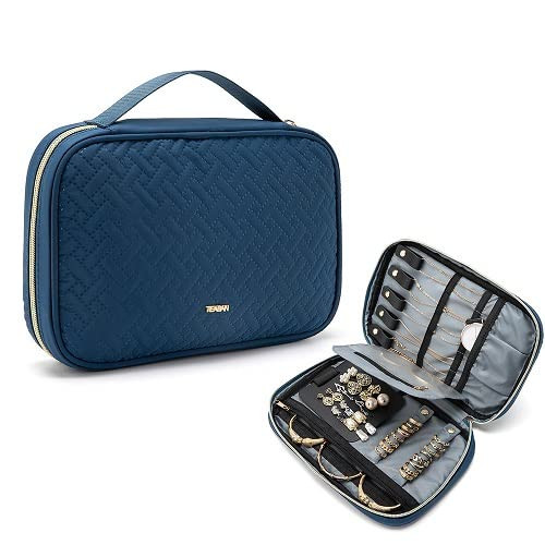 TEABAN Travel Jewelry Organizer Case Portable - Practical Tavel Jewelry Pouch, Jewelry Bag Roll for Tangle-Free Necklaces, Earrings, Rings Storage, Bracelet(Large, Blue