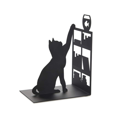 Balvi Bookend Fishing Cat Decorative Bookend with a Cat, Bookcase and Fish in an Aquarium Iron 17 cm Black